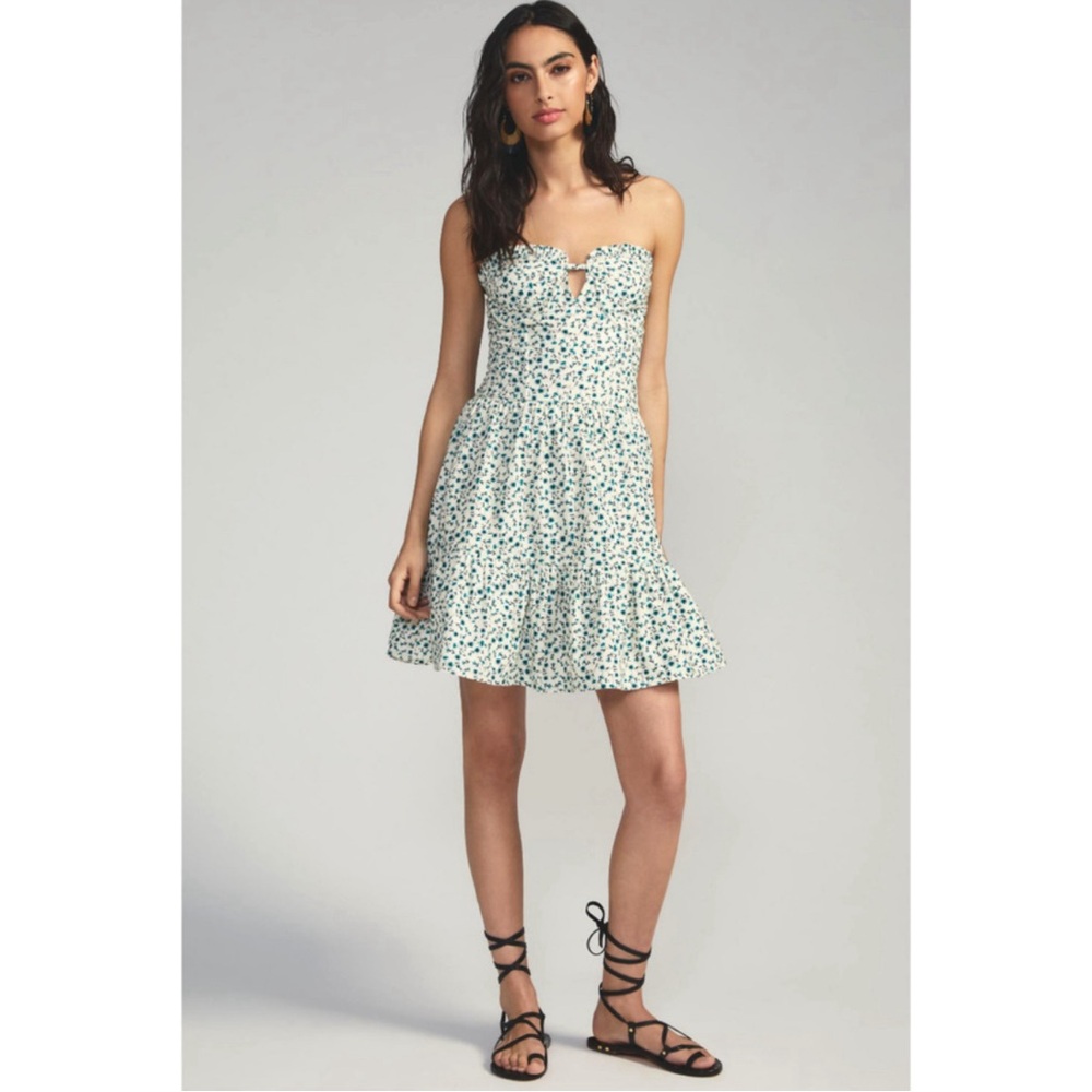 Forever That Girl Anthropologie Mini Dress Women Medium Green Floral Tiered Boho